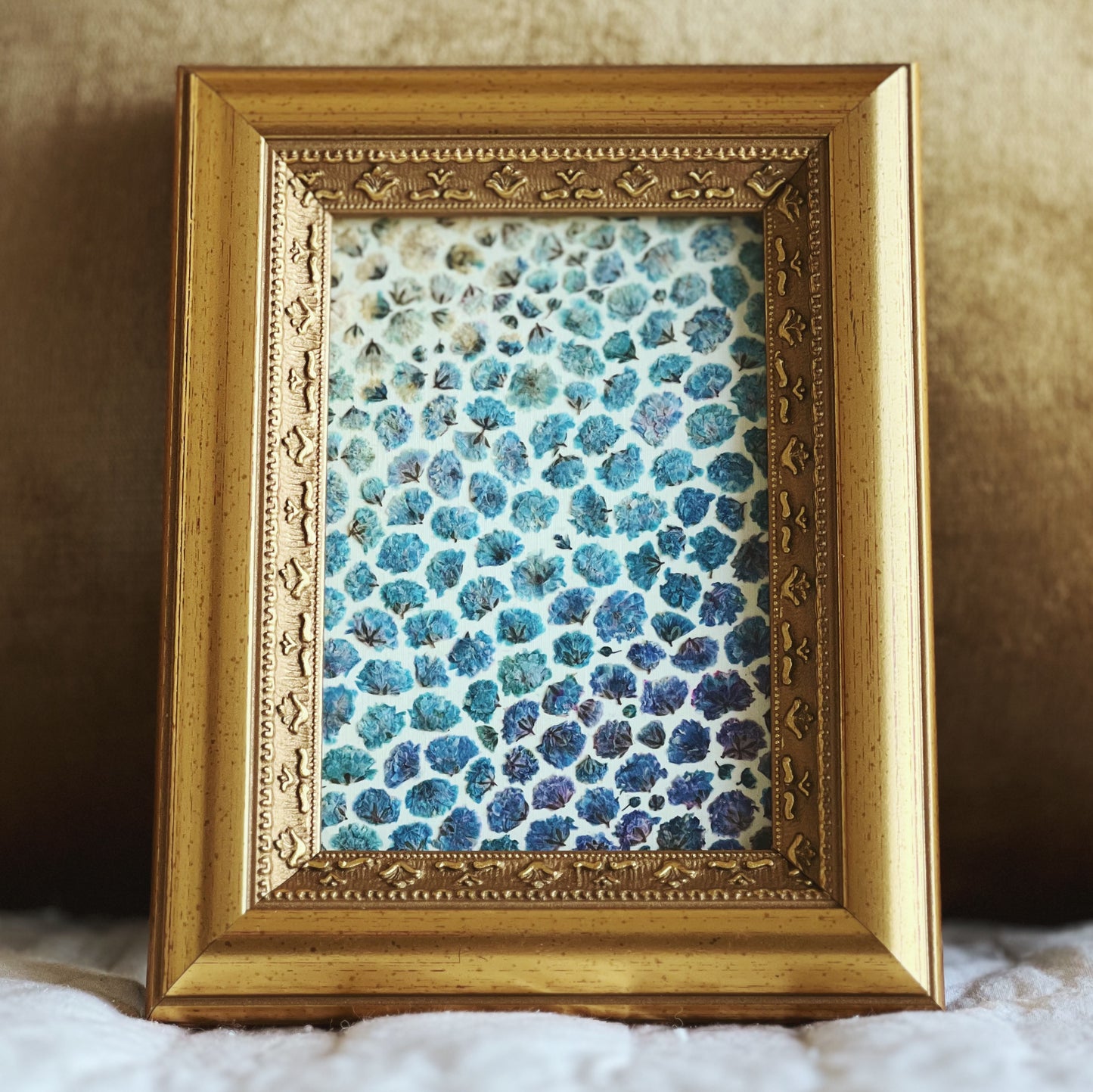 Blue Baby's Breath in a Thrifted/Vintage Gold Frame