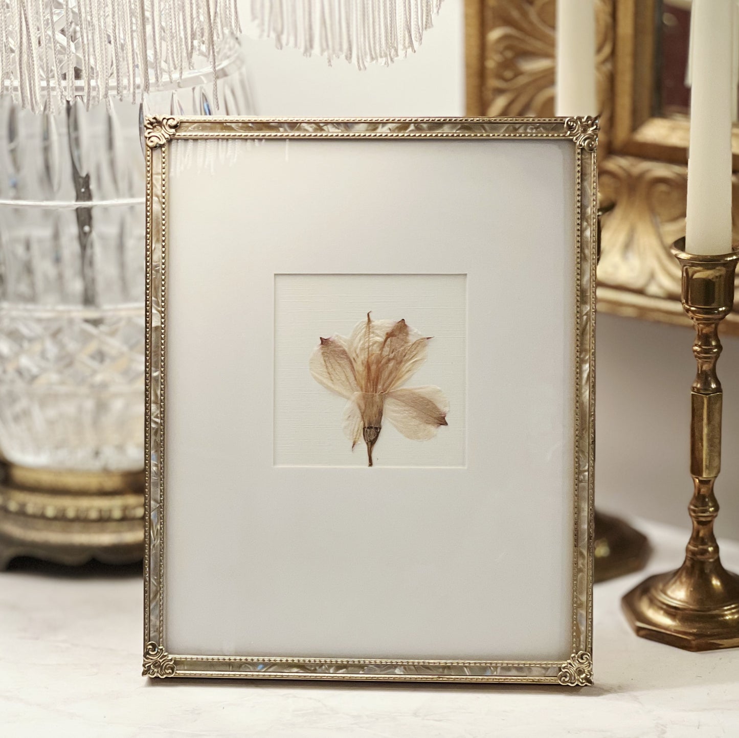 White Alstroemeria Flower in Vintage Gold Frame